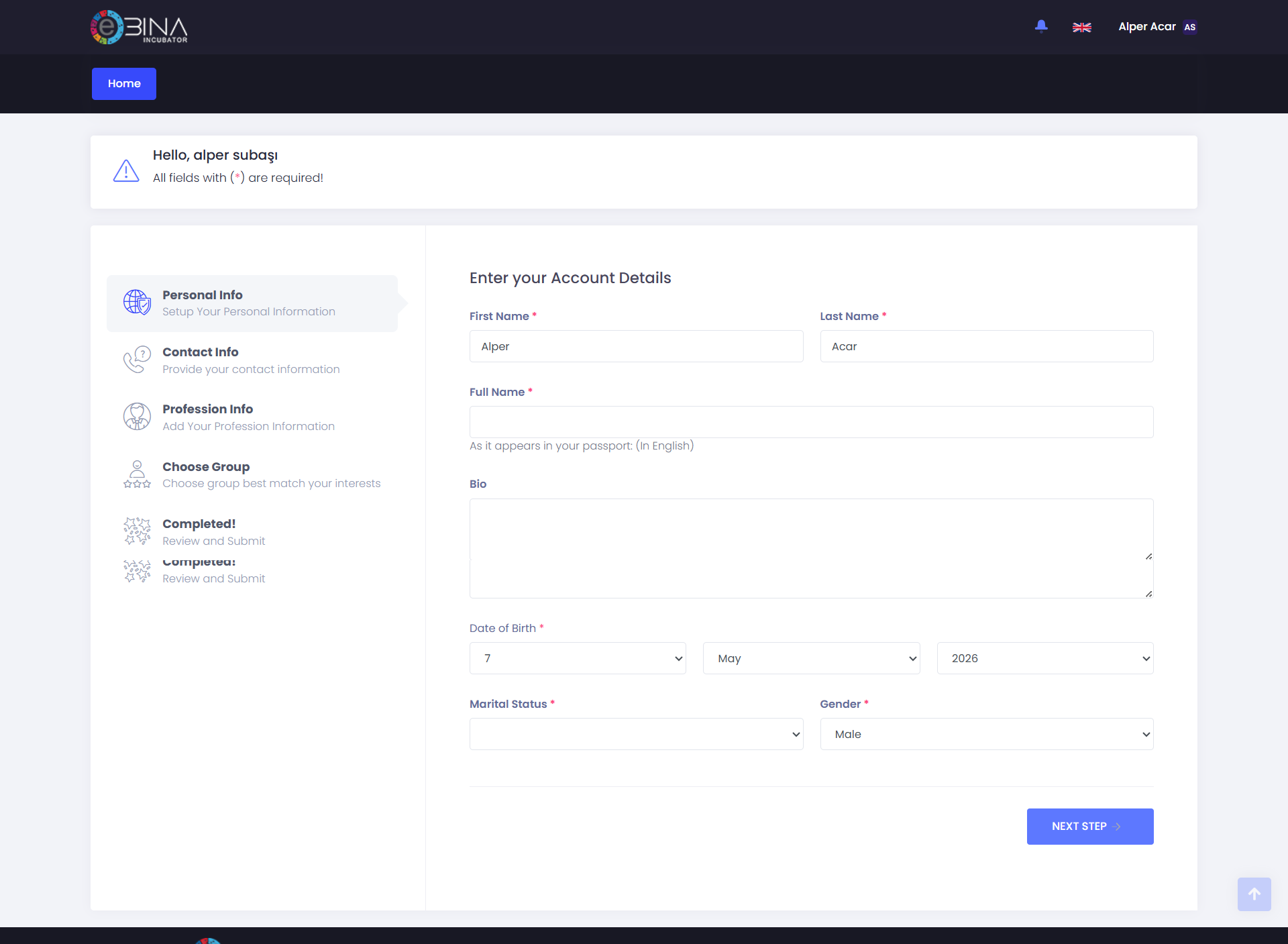 Dashboard flow screenshot